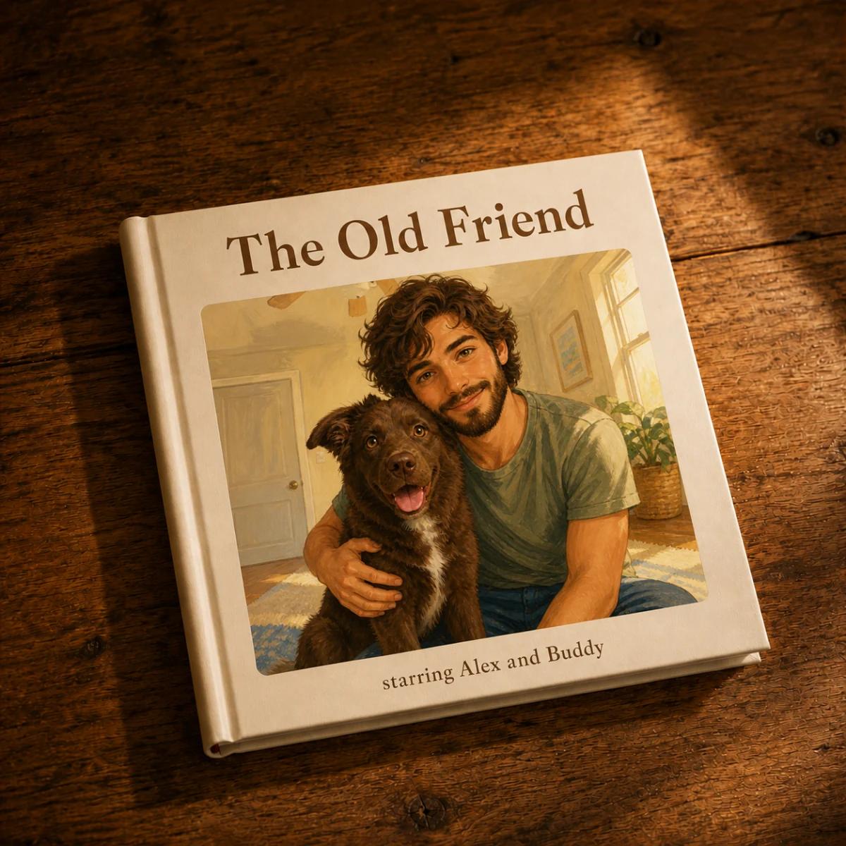 The Old Friend physical book on a wooden table