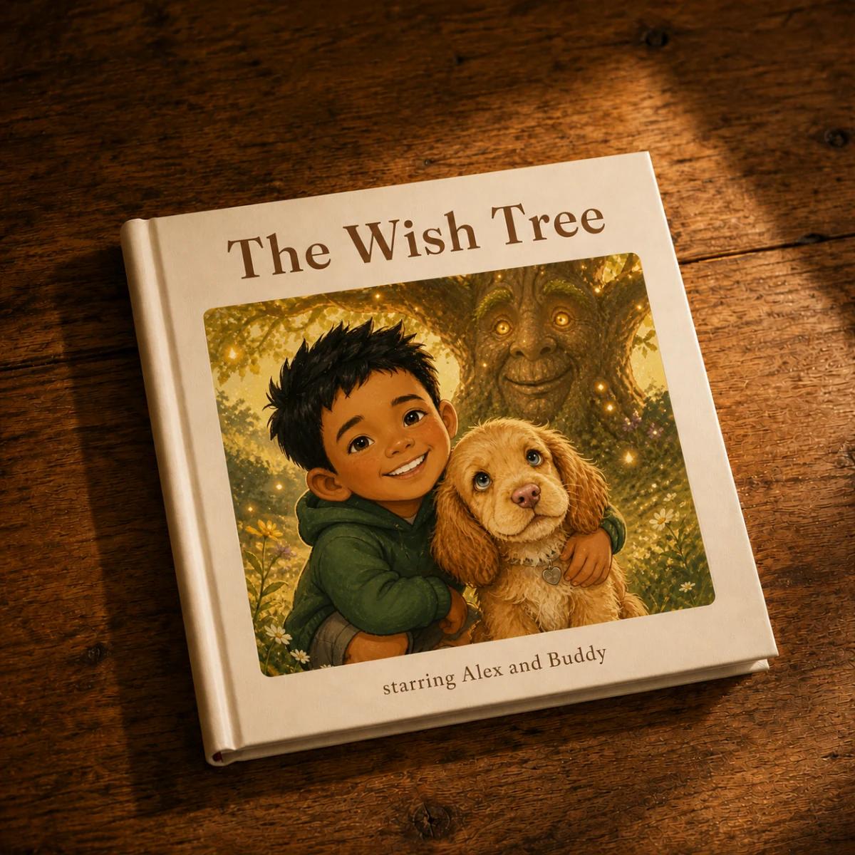 The Wish Tree physical book on a wooden table