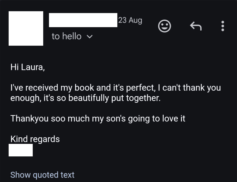 The same customer confirms the book arrived, says it is beautifully put together and that his son is going to love it.