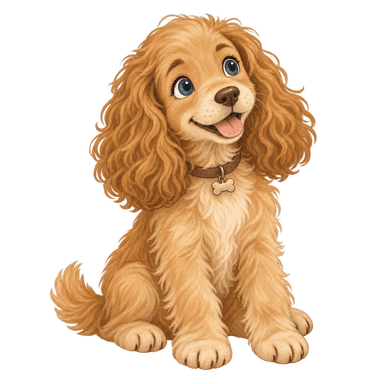 A softly illustrated golden spaniel with blue-grey eyes and a happy tongue-out smile