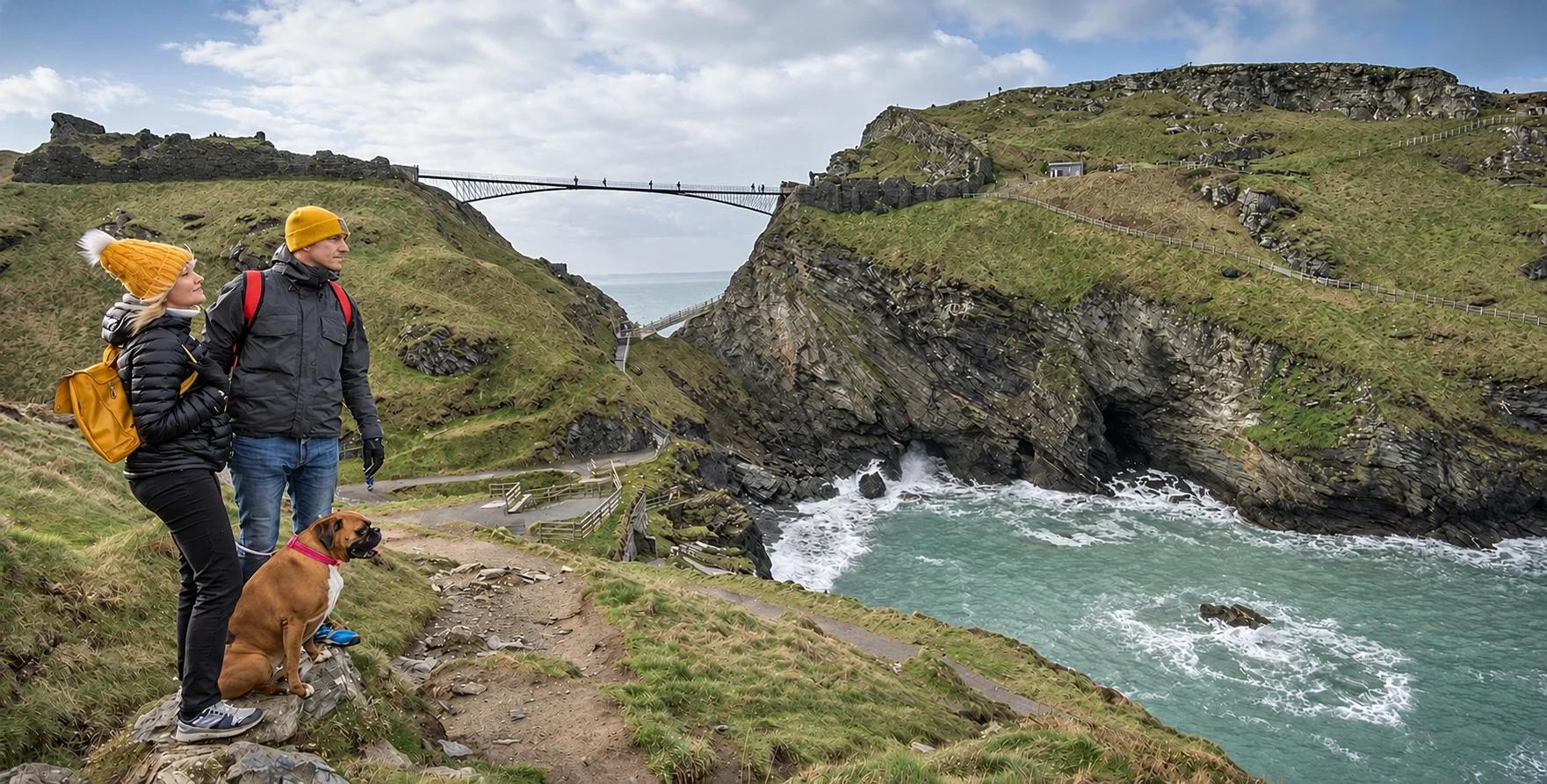 Two visitors and a dog above the cove at Tintagel Castle