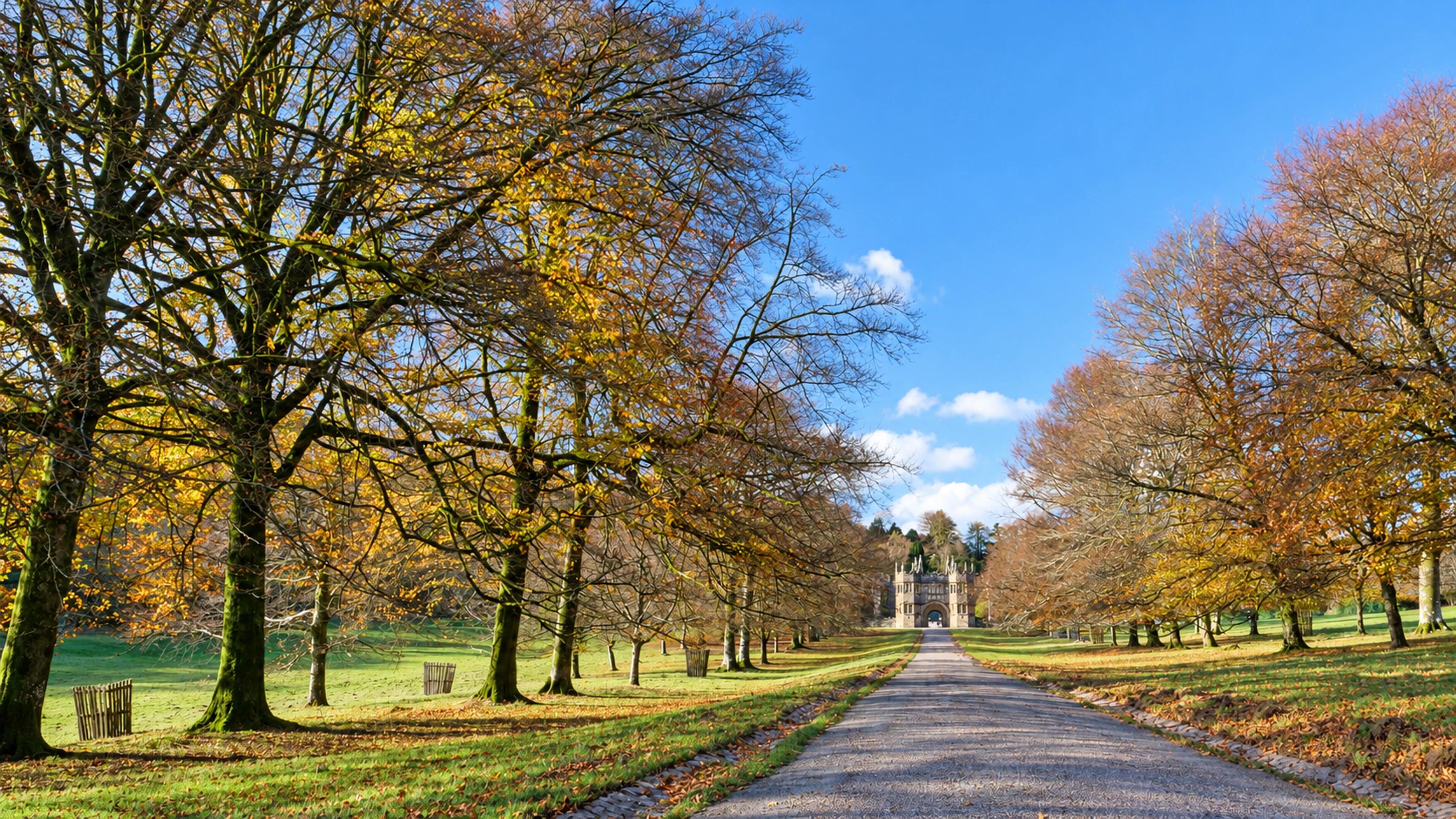 Autumn trees lining East Avenue towards the gatehouse at Lanhydrock