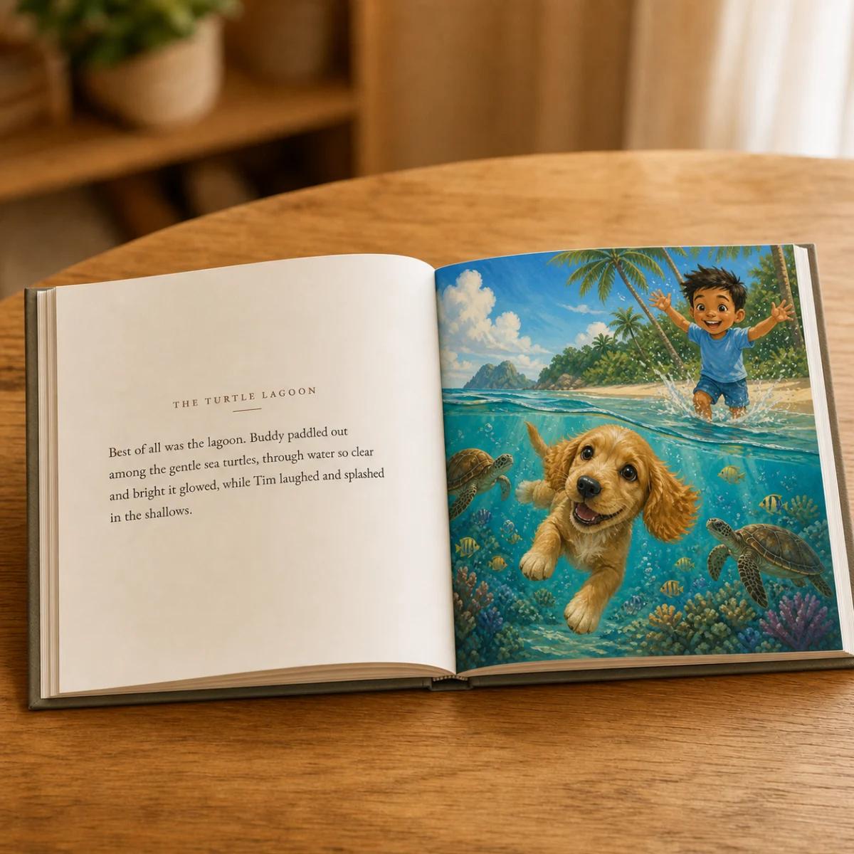 An open personalised Pet Storybook displayed on a table