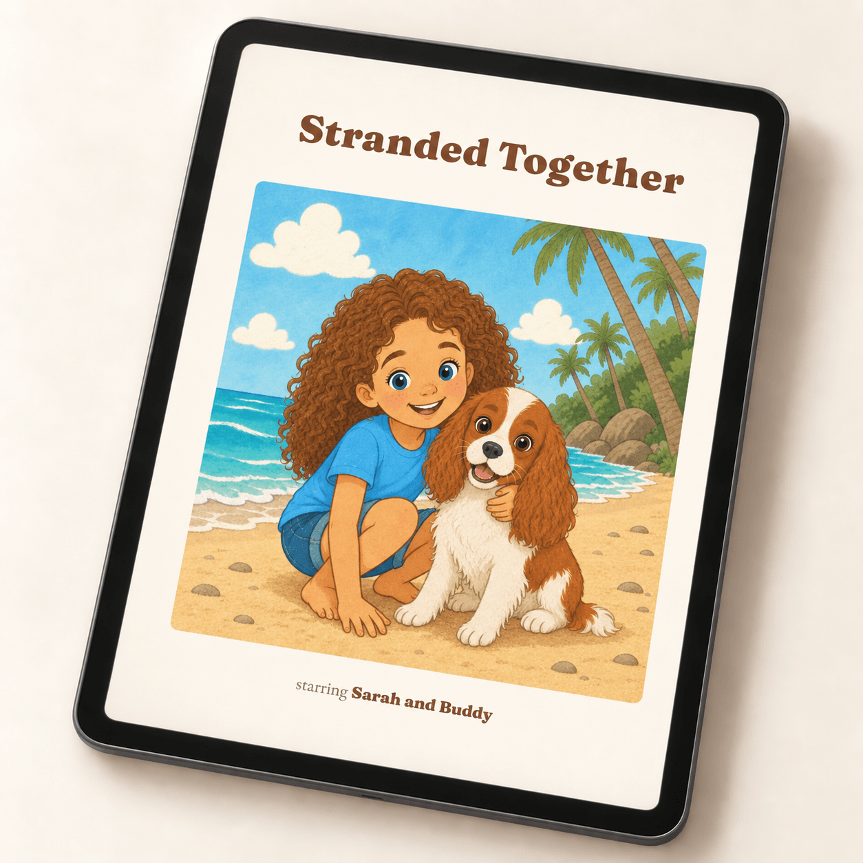 Illustrative tablet displaying the personalised girl and dog storybook