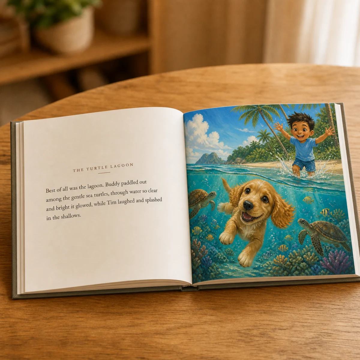 An open personalised Pet Storybook displayed on a table