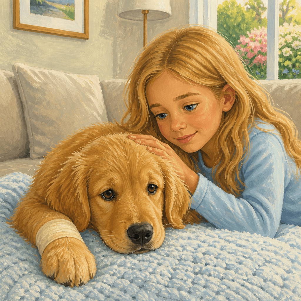 An illustrated child and dog sharing a gentle moment in a Pet Storybook