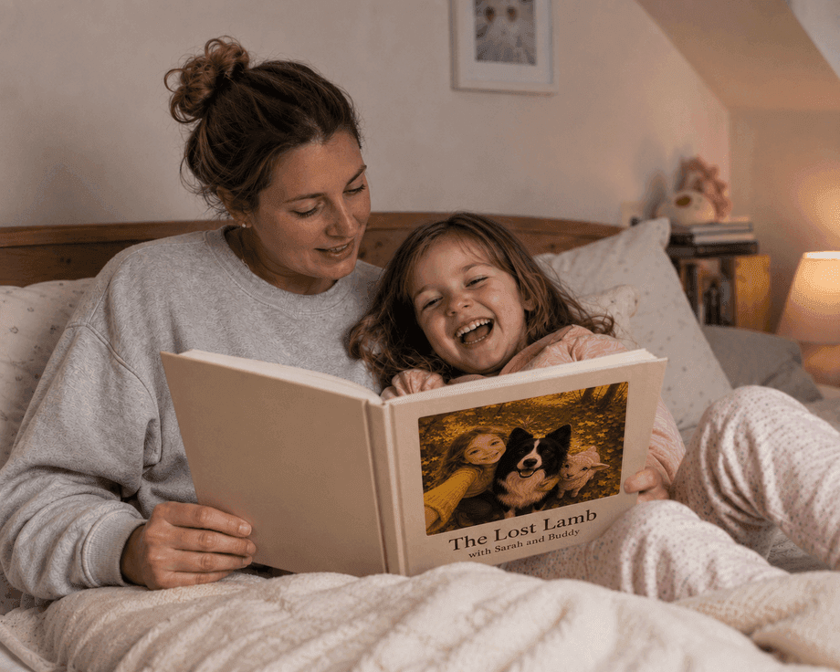 A parent and child laughing together while reading their personalised pet storybook at bedtime