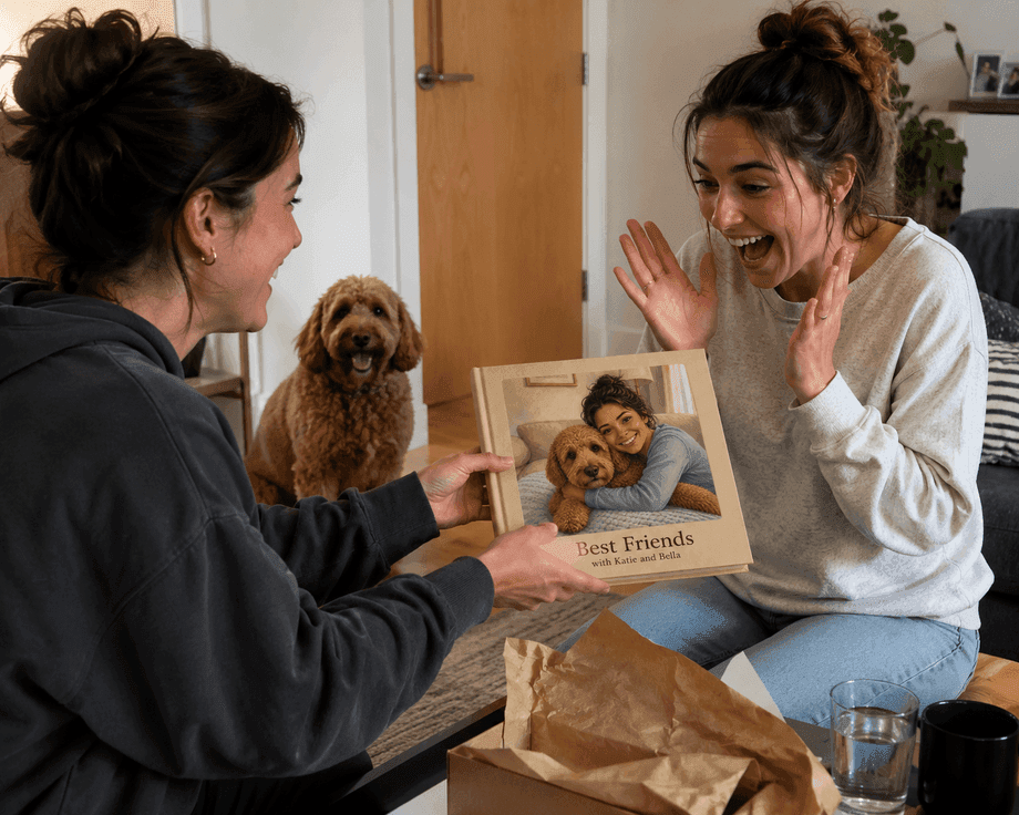 Someone unwrapping a personalised pet storybook and reacting with delight