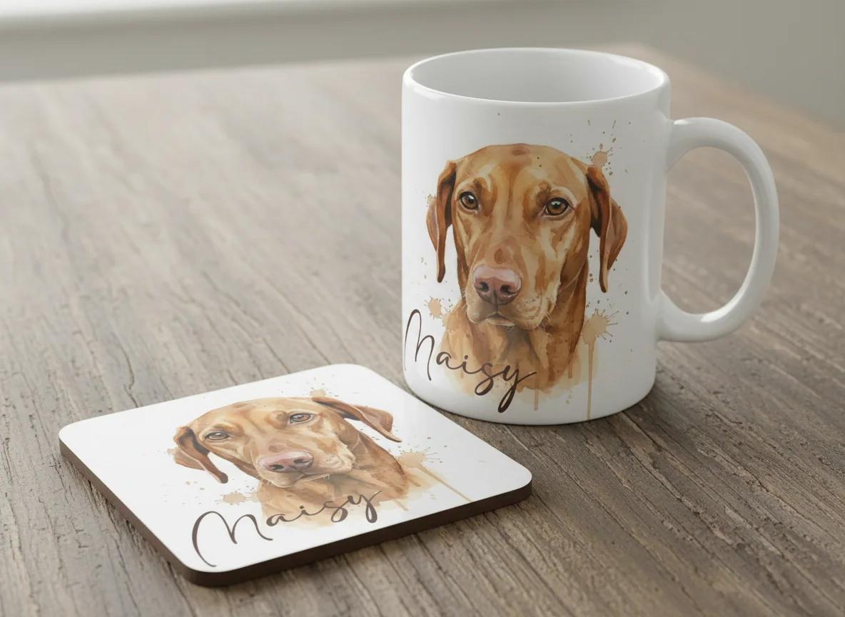 A personalised coaster with a watercolour dog portrait