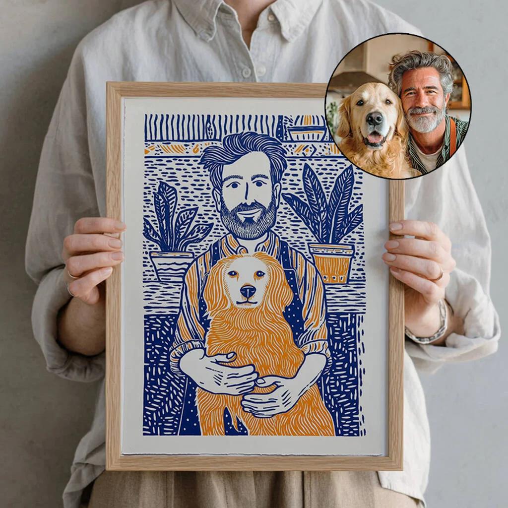 A personalised line-art portrait of a pet and its owner