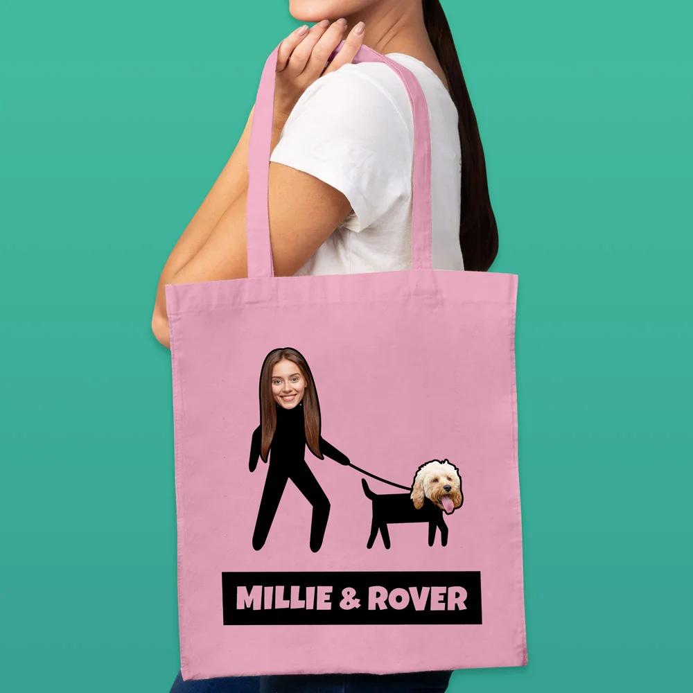 A personalised dog-walking tote bag with a pet photograph
