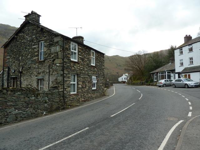 The road through Patterdale with The Patterdale Hotel on the right