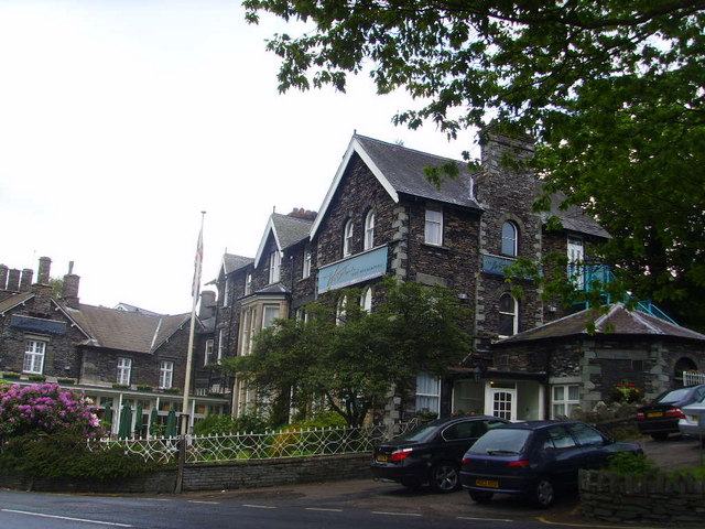 The stone frontage of The Waterhead Inn beside Lake Windermere