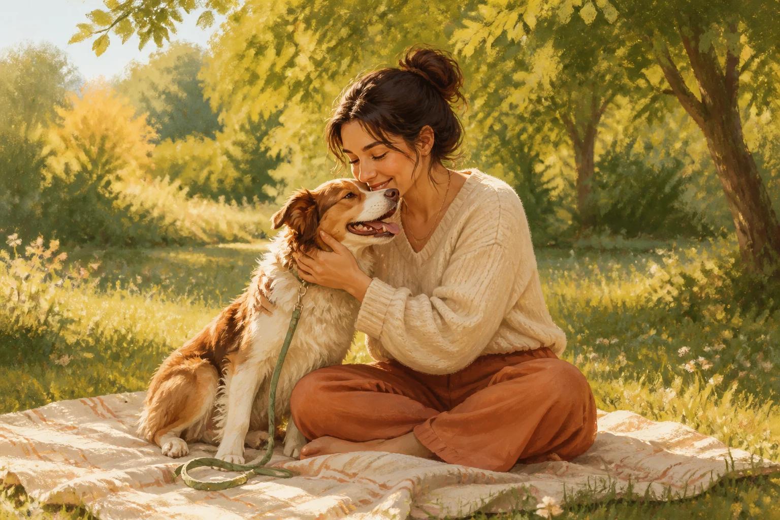 A woman sharing a sunny picnic cuddle with her dog