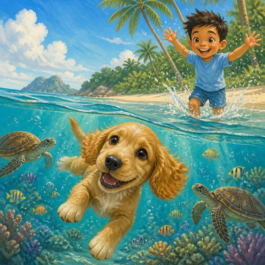 A cocker spaniel puppy swimming with sea turtles while a happy child cheers from the shore, from a personalised pet storybook