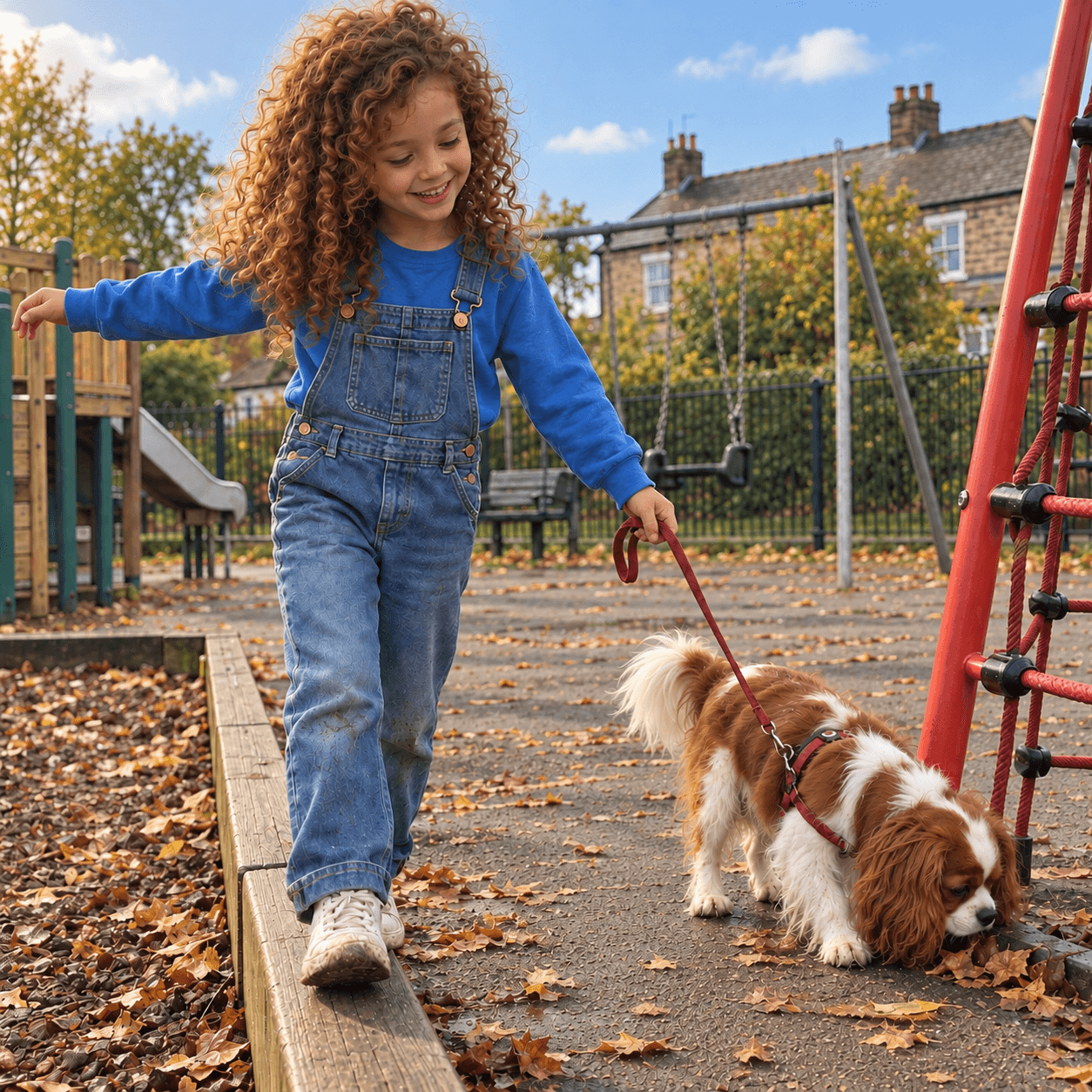 A girl in blue dungarees walking her Cavalier King Charles Spaniel at a playground