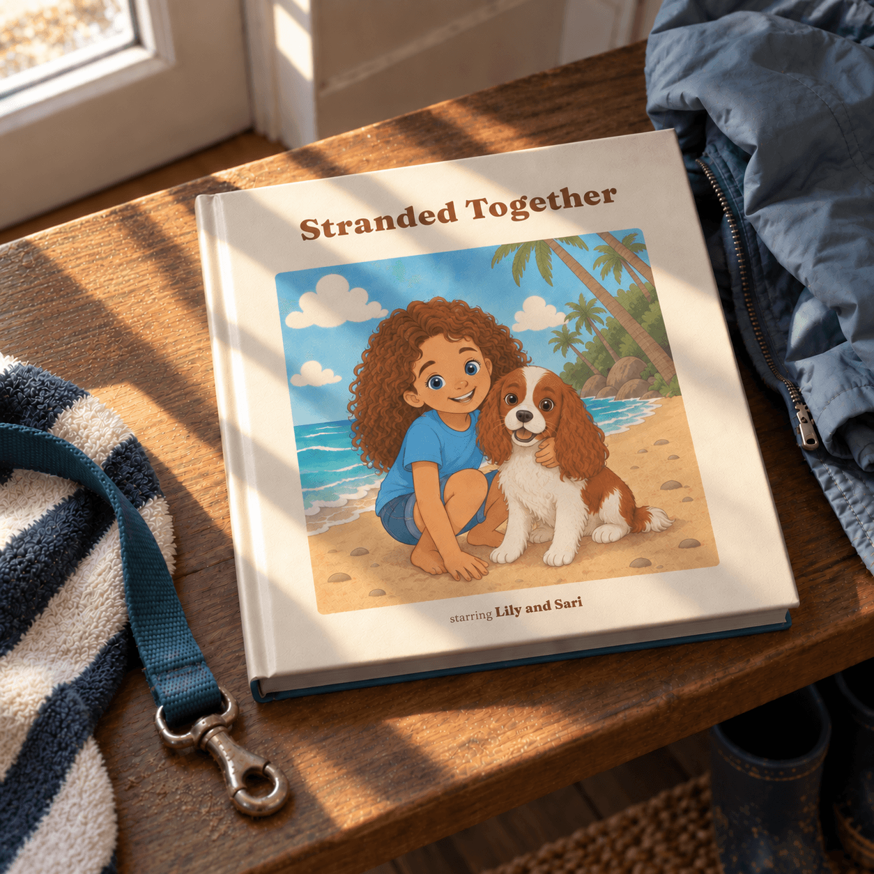 Stranded Together hardcover showing a girl and her dog, resting on a wooden table