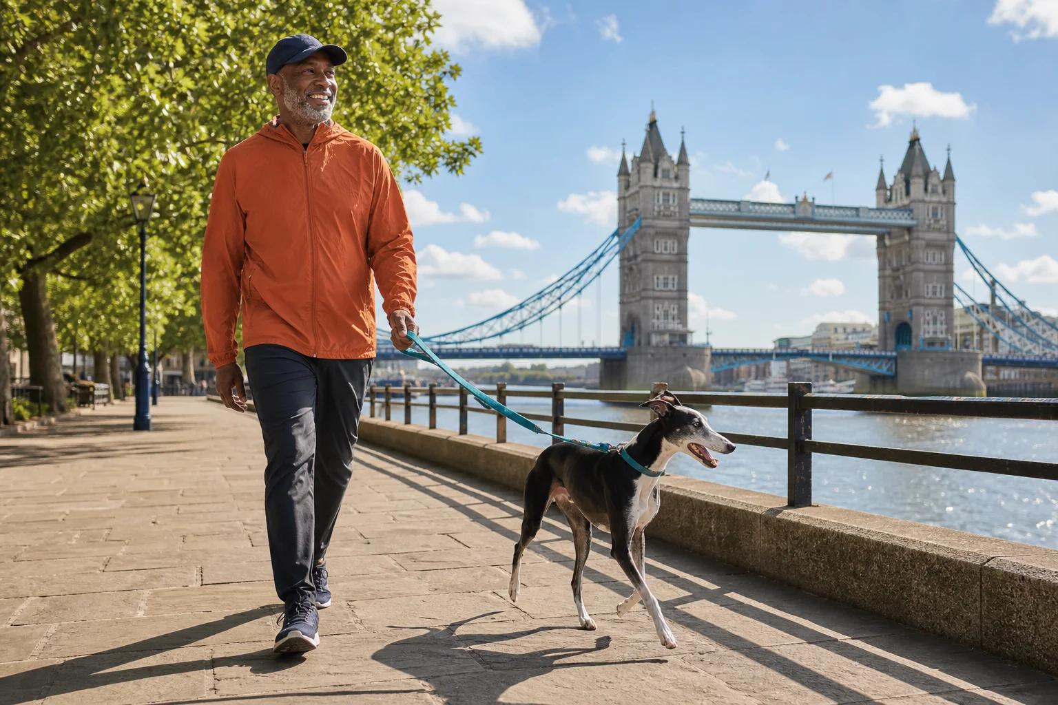 A woman and dog enjoying a sunny walk with the London skyline behind them