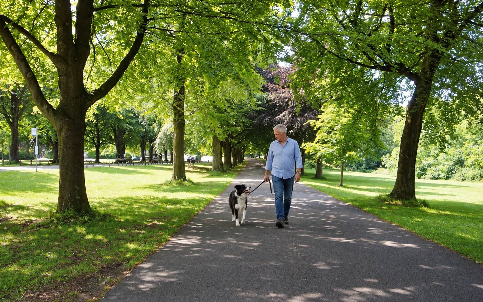 Edited photograph of a man walking a black-and-white dog on a lead along the surfaced path on the Downs