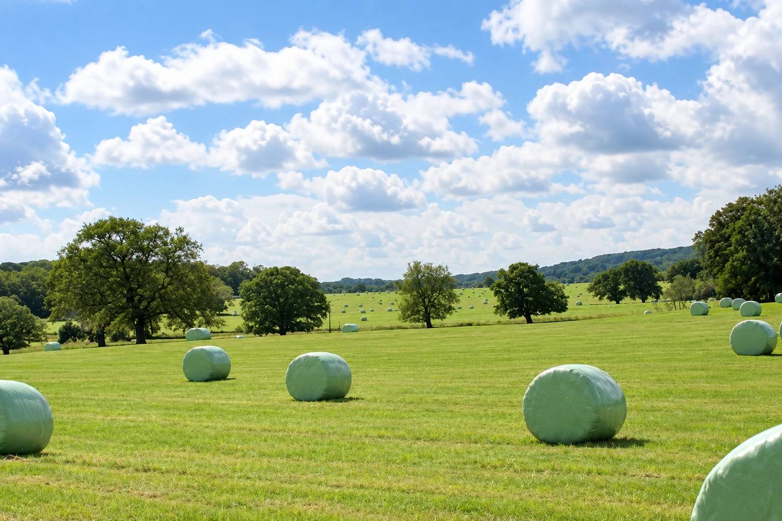 Green countryside with wrapped hay bales and mature trees on the St Fagans circular walk