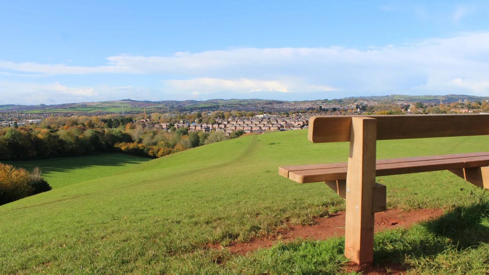 A bench overlooking the green slopes of Ludwell Valley Park and Exeter