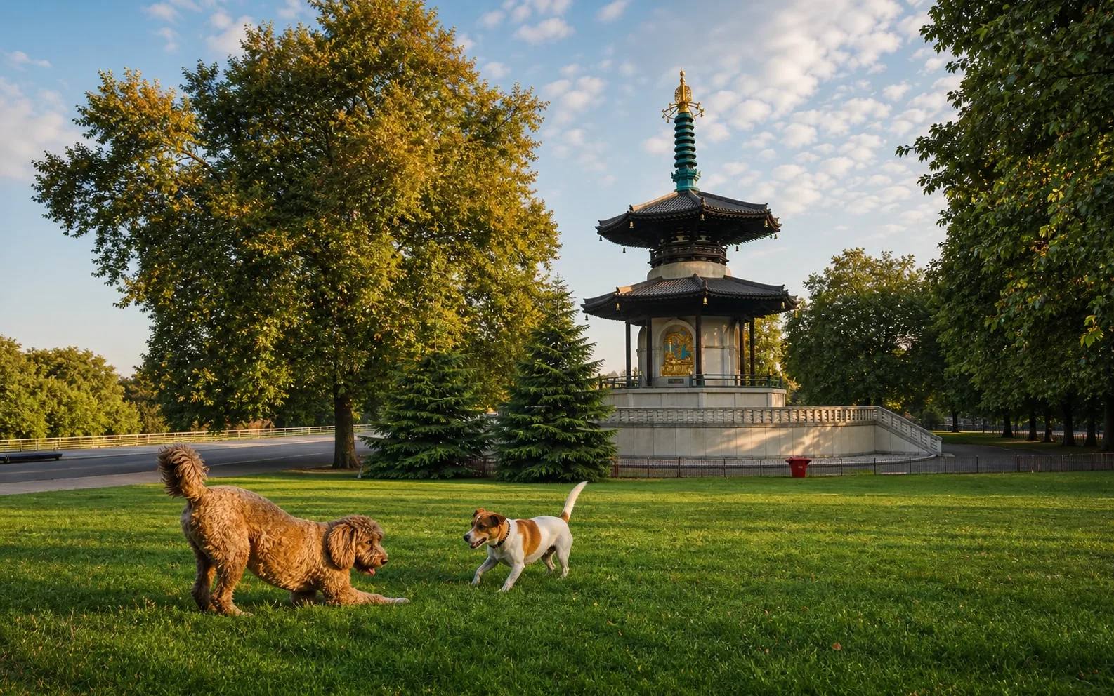 Two dogs playing on the grass with the Peace Pagoda in Battersea Park behind them