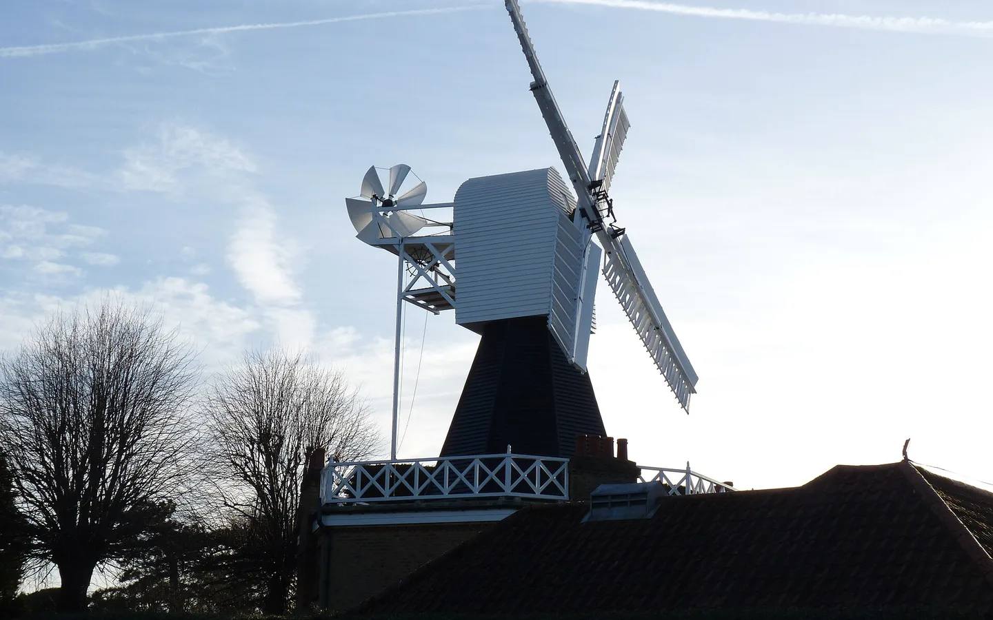 White-sailed windmill rising above Wimbledon Common