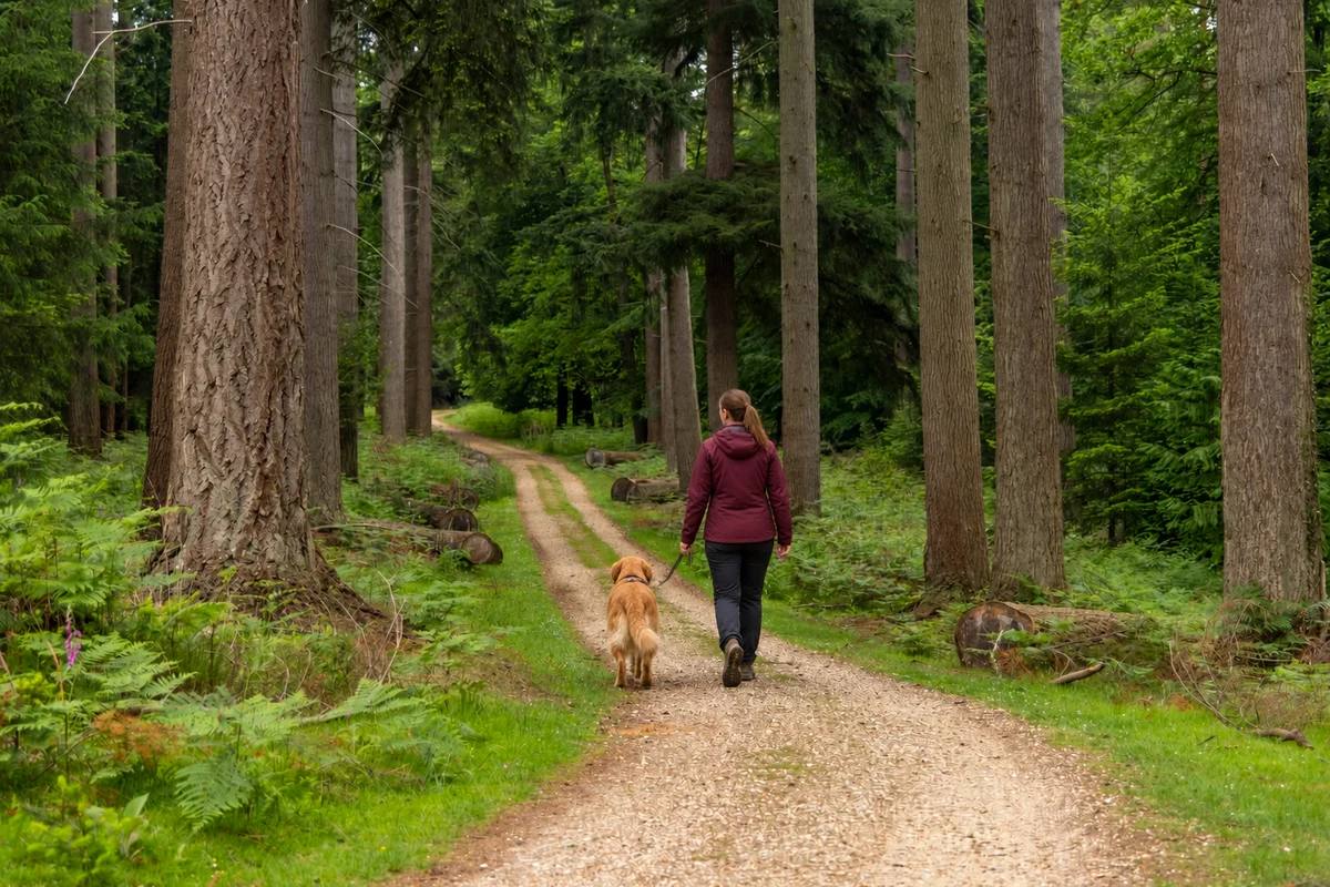 A woman walking a leashed golden retriever along the Discovery Trail