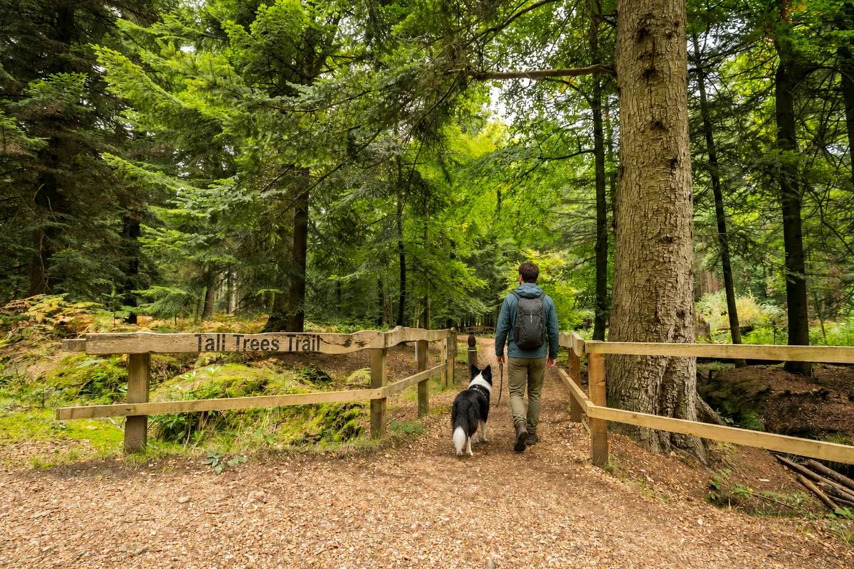 A man with a leashed collie at the Tall Trees Trail entrance at Blackwater
