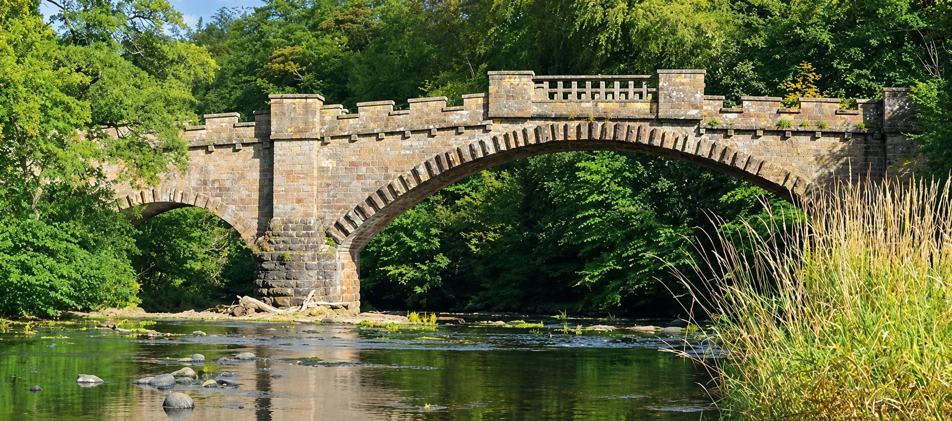 Nasmyth Bridge crossing the River Almond among green woodland