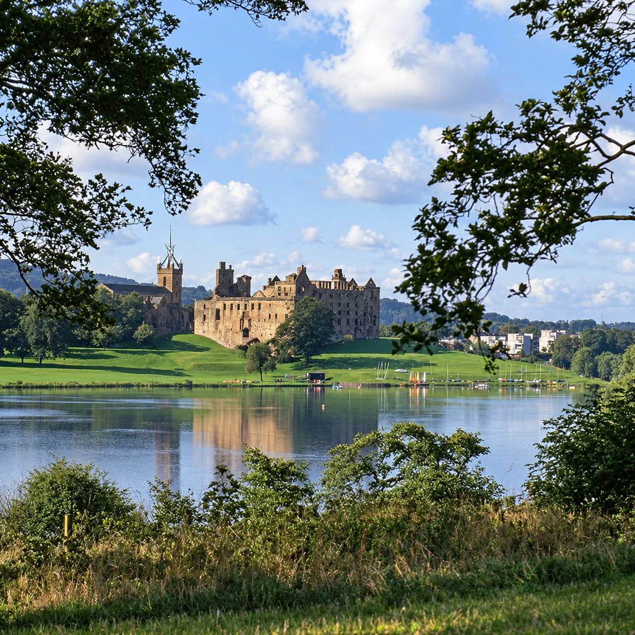 Linlithgow Palace and church on a grassy hill across the loch