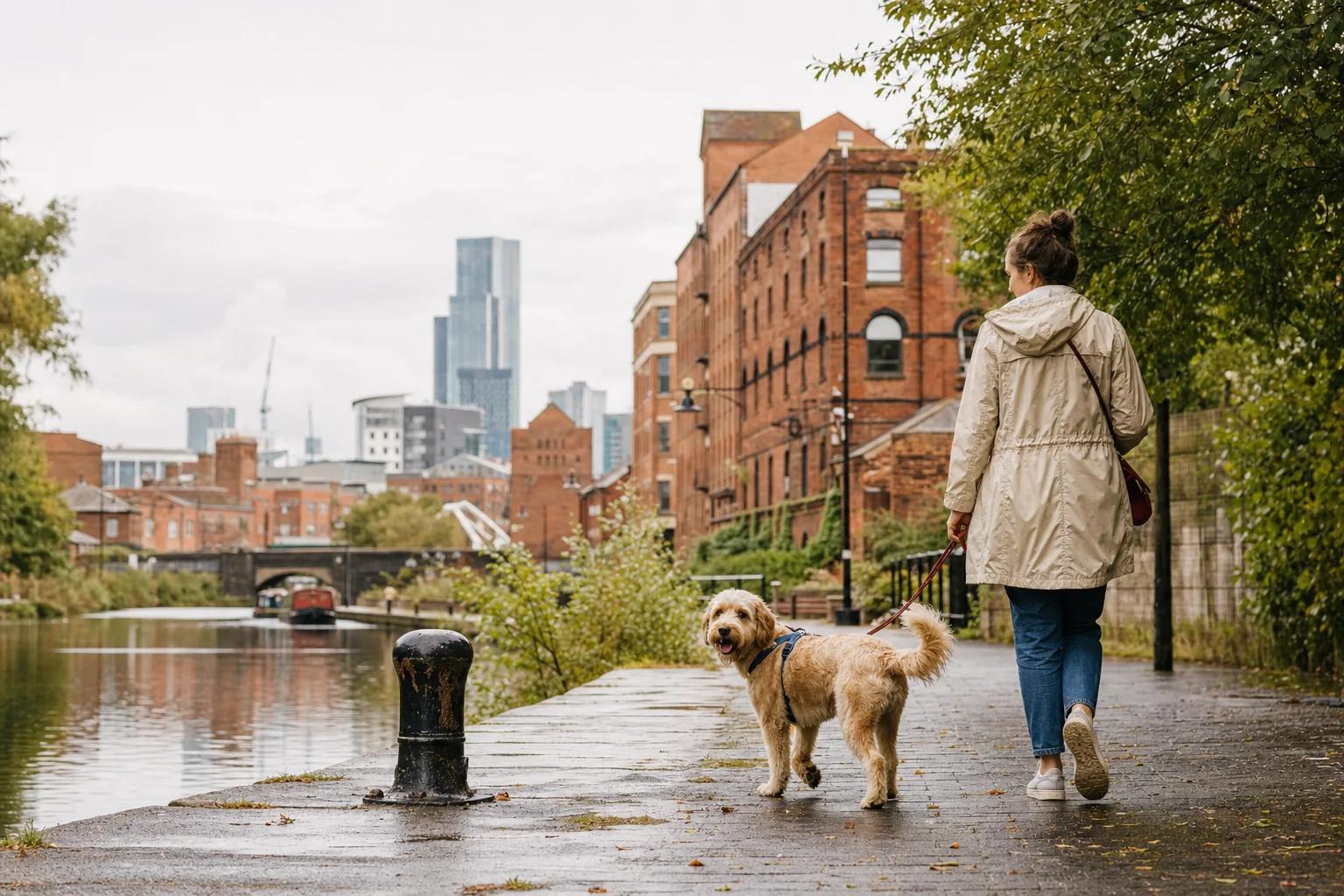 A dog and their person looking across Manchester from an elevated viewpoint