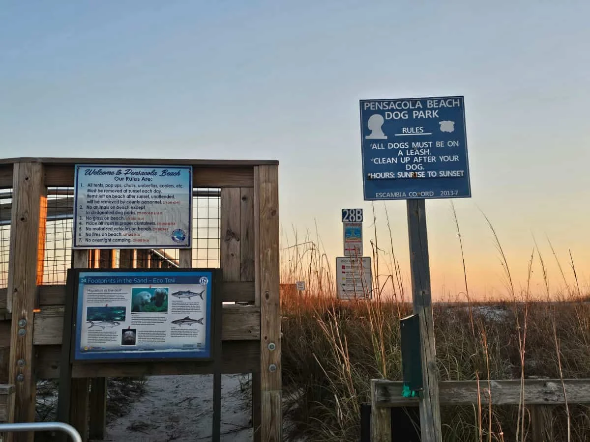 The Pensacola Dog Park East sign and dune entrance at walkover 28B on Via de Luna, with Gulf water behind.