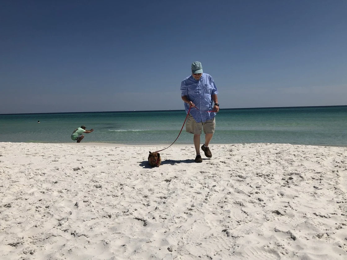 A walker with a leashed dog crosses broad white sand at Pensacola Dog Beach West, with turquoise Gulf water behind.