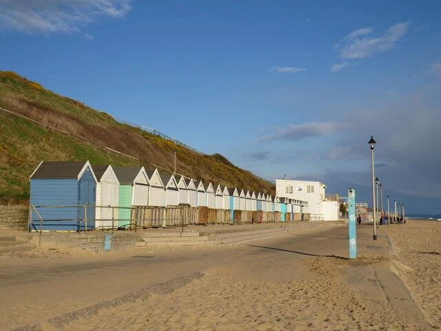 Beach huts and promenade at Southbourne in March 2025, an area overview