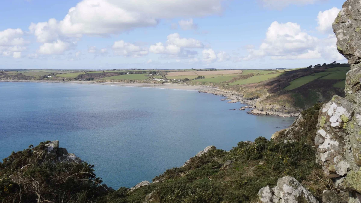 Elevated coastal view towards Carne and Pendower beaches on the Roseland Peninsula.