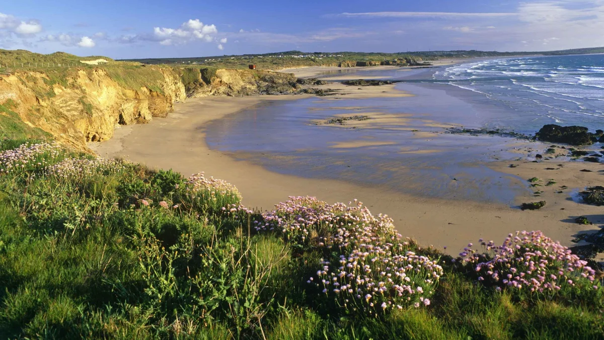 Long sandy Godrevy beach on the St Ives Bay coast.