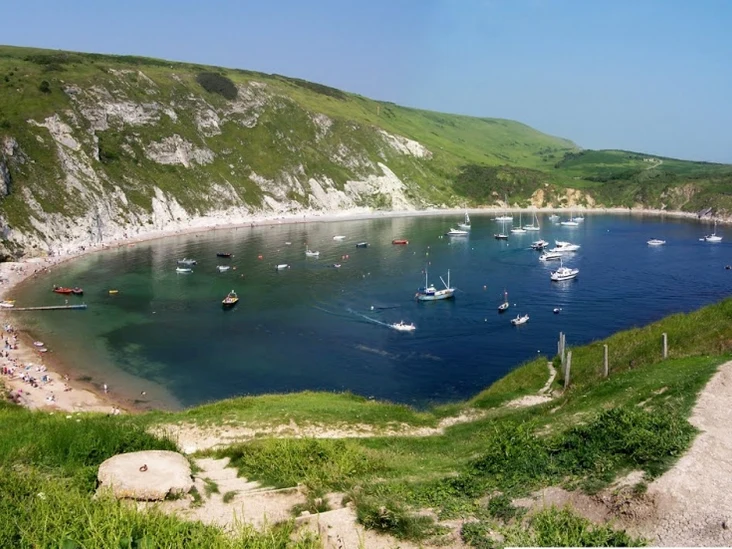 Archive panorama of Lulworth Cove from 2008, showing the wider cove rather than its marked dog section