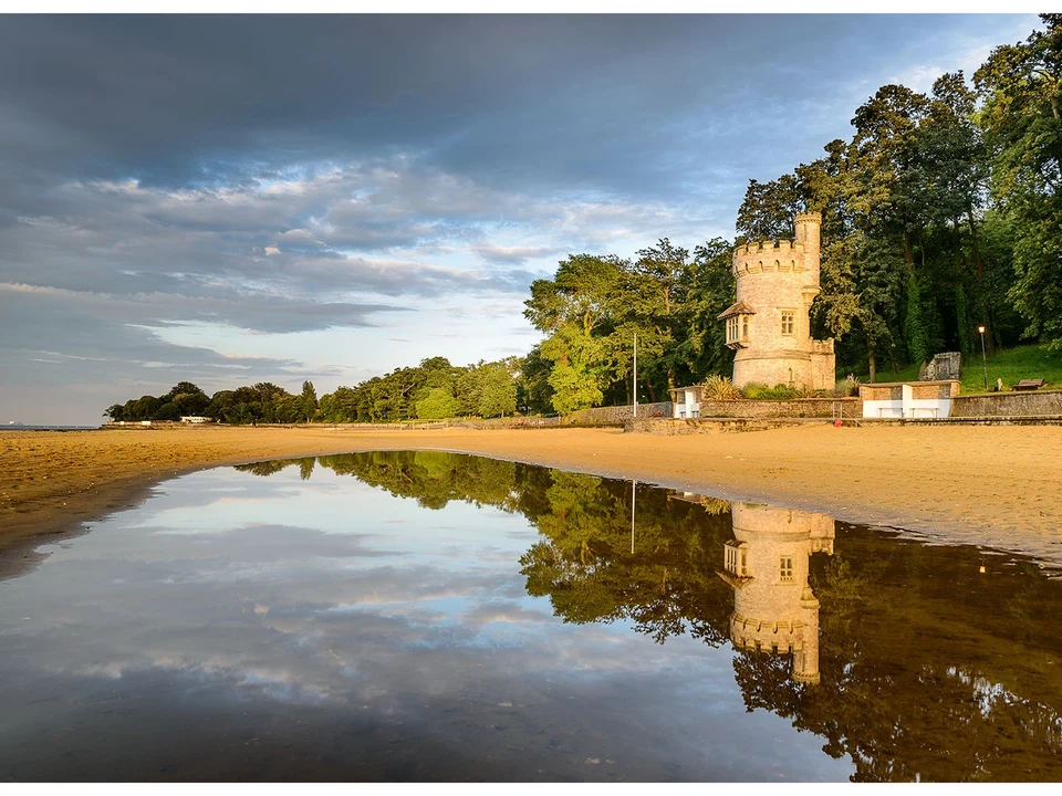 Appley Tower and the beach at low tide, a boundary landmark
