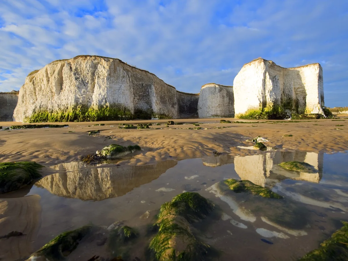 Sunlit chalk stacks reflected in wet sand at Botany Bay