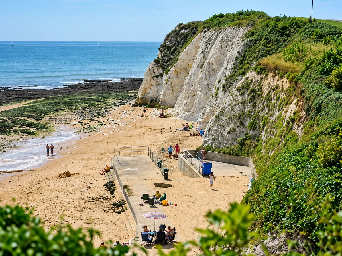 Sandy beach and sea wall at Dumpton Gap