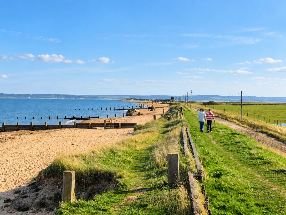 Leysdown shoreline with wooden groynes and a grassy sea wall