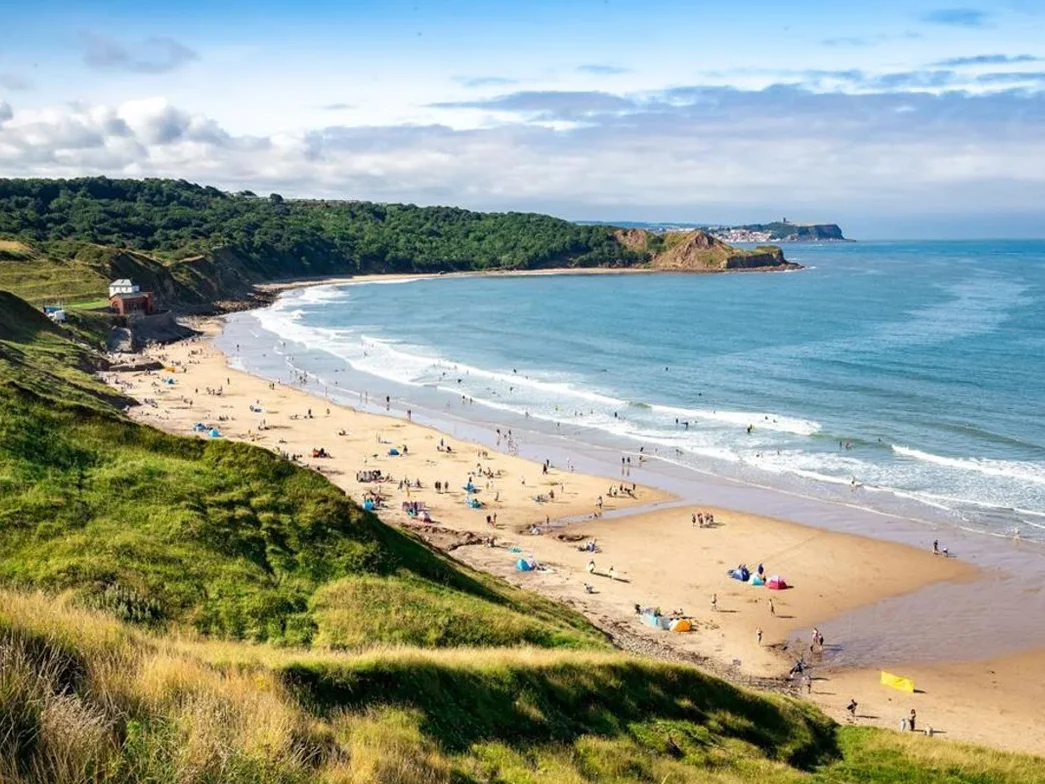 Cayton Bay beach seen from the grassy cliff top