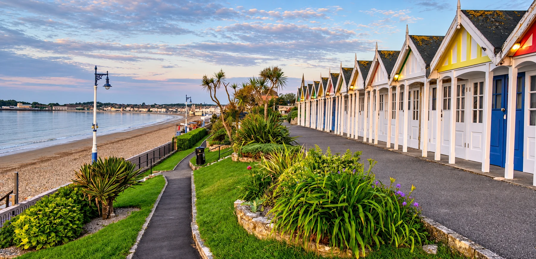 Beach huts and shingle shoreline at Greenhill in Weymouth