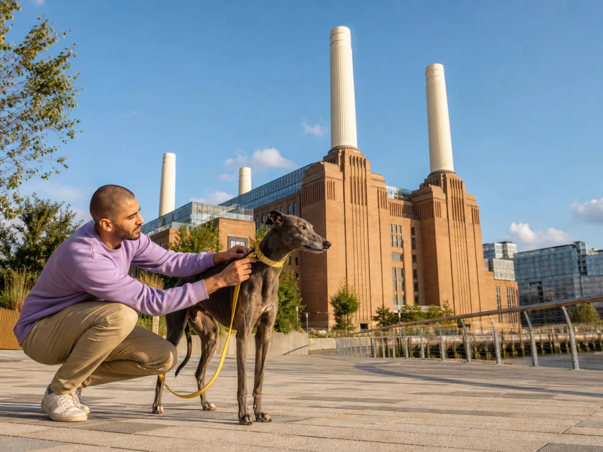 A man and a greyhound outside Battersea Power Station in sunshine