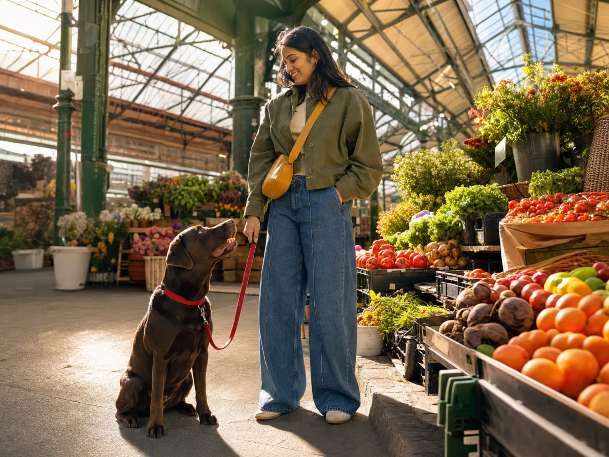 A woman and a seated chocolate Labrador browsing Borough Market in sunshine