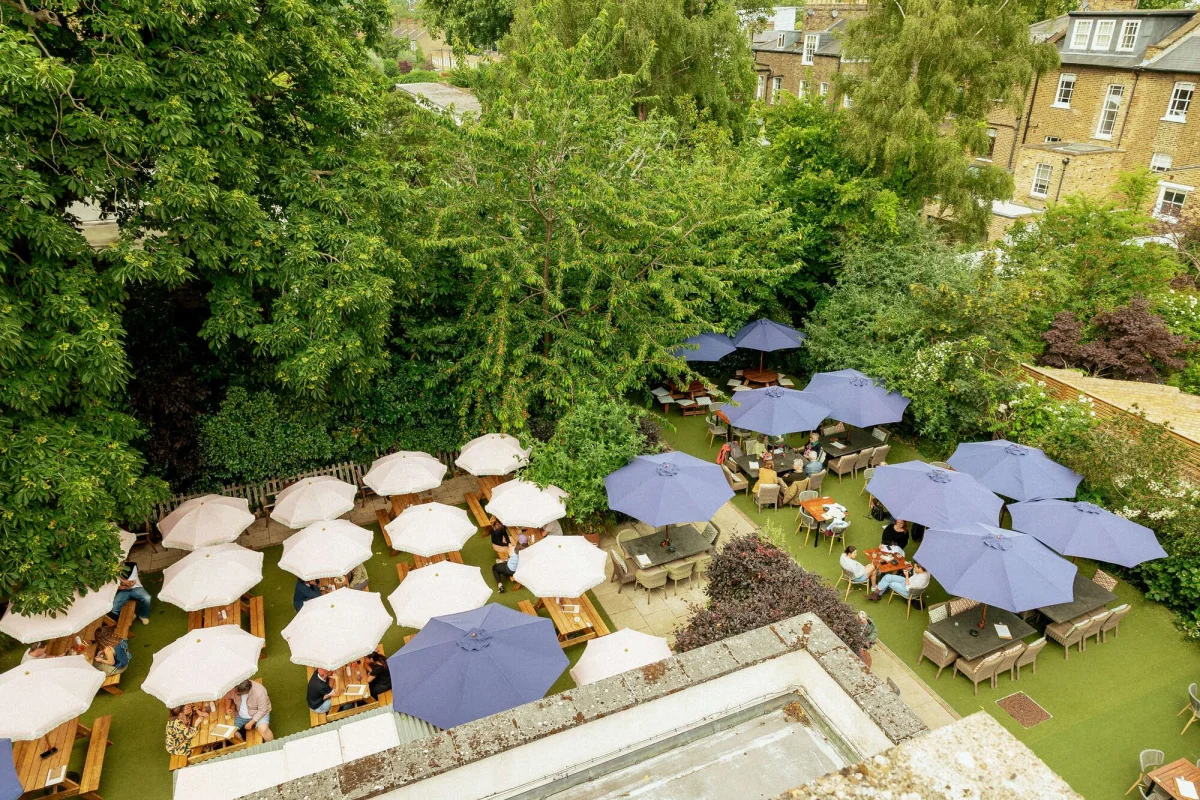 The large leafy beer garden at The Canonbury Tavern in Islington