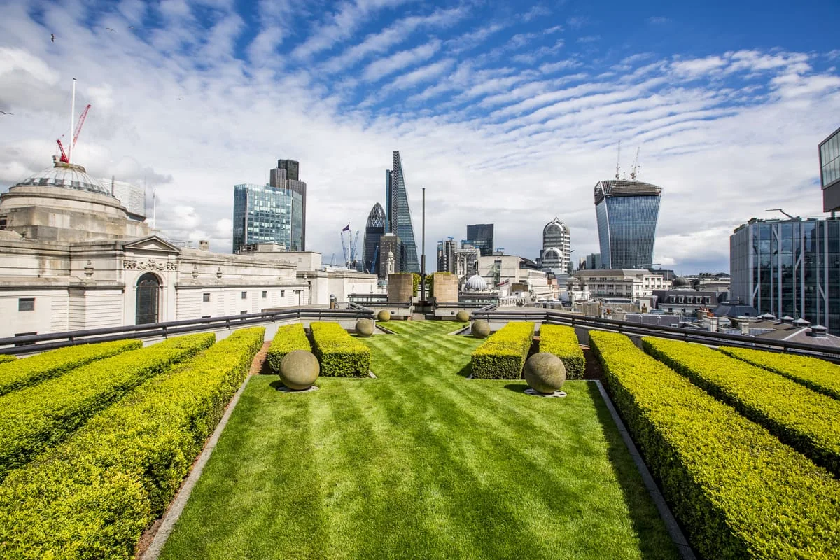 The landscaped rooftop garden at Coq d’Argent with the City skyline beyond
