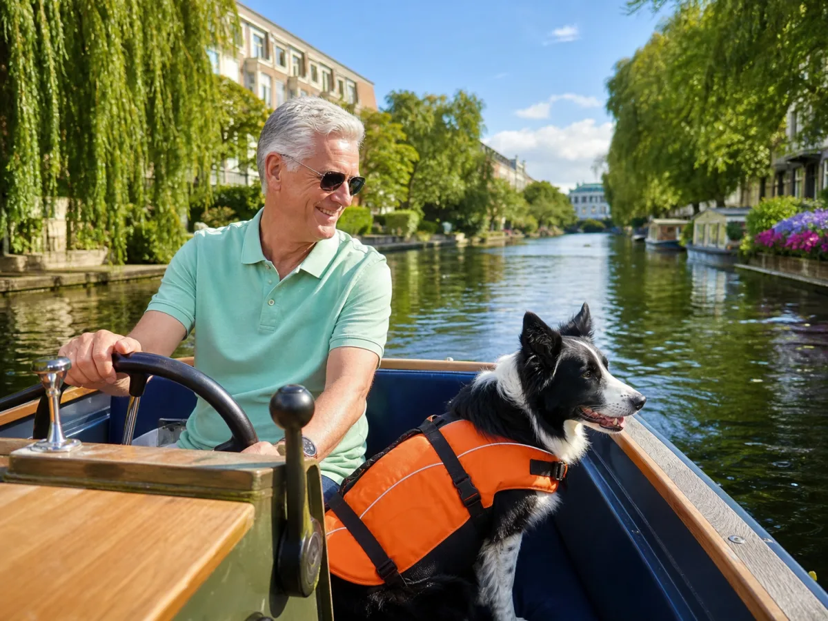 A man steering a boat with a border collie in a dog life jacket
