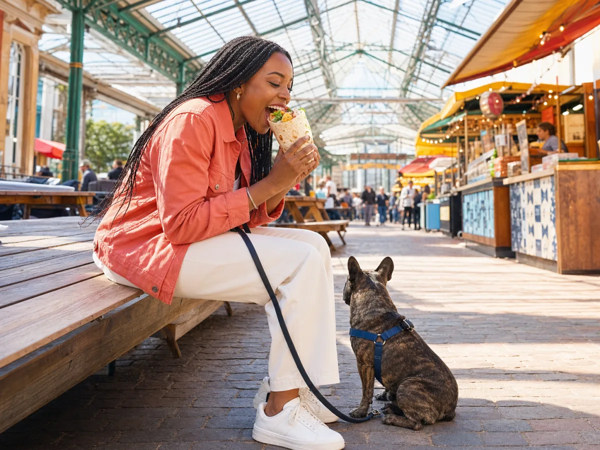 A woman eating street food beside her dog at sunny Greenwich Market